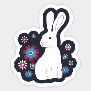 Rabbits with Chinese flowers - Lunar New Year - white on red - by Cecca Designs Sticker